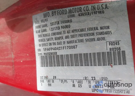 2001 Ford Mustang z USA, uszkodzony, nr VIN 1FAFP40421F170087